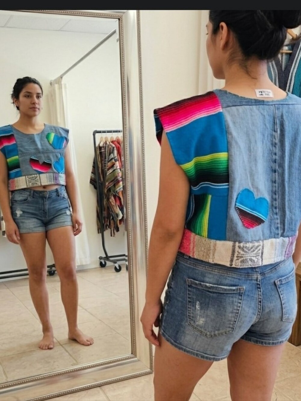 Upcycled Cropped Top S-M Serape Blanket & Denim Handmade Dont Throw It Out